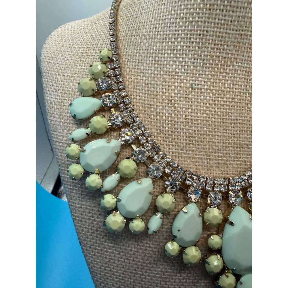 Mint Green Yellow Statement Bib Necklace Gold Tone Rhinestone‎ Crystal Chunky